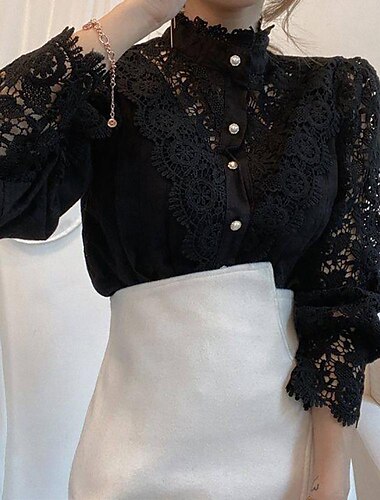  Women's Lace Shirt Blouse Eyelet top White Lace Shirt Solid Colored Elegant Fashion Elegant & Luxurious Shirt Collar Daily Hole Black White Apricot Spring Fall Winter Fall & Winter