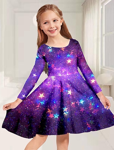  Meisjes 3D Sterren Jurk Lange mouw 3D-afdrukken Herfst Winter Vakantie Sport & Outdoor Dagelijks leuke Style Casual Mooi Kinderen 3-12 jaar Casual jurk A lijn jurk Boven de knie Normale pasvorm