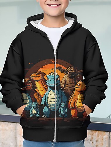  Dla chłopców 3D Dinozaur Bluza z Kapturem Płaszcz Odzież wierzchnia Długi rękaw Druk 3D Jesień Zima Moda Moda miejska Nowoczesne Dzieci 3-12 lat Na zewnątrz Codzienny Regularny