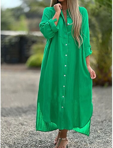  Γυναικεία Μακρύ φόρεμα Φόρεμα πουκαμίσα Βαμβακερά λινά φορέματα Καθημερινό φόρεμα Βαμβακερό καλοκαιρινό φόρεμα Μοντέρνα Βασικό Καθημερινό Καθημερινά ΕΞΩΤΕΡΙΚΟΥ ΧΩΡΟΥ Διακοπές Χαλαρή Εφαρμογή Σκέτο