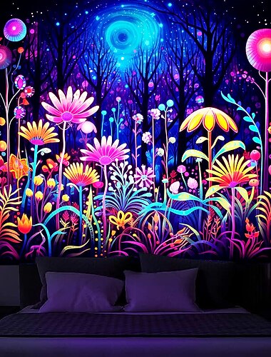  blacklight billedvev uv reaktiv glød i mørket blomst trippy tåkete natur landskap hengende billedvev veggkunst veggmaleri for stue soverom
