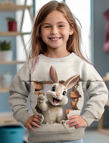  Девочки 3D Кот Кролик Толстовка Pullover Длинный рукав 3D печать Осень Зима Мода Уличный стиль Очаровательны Полиэстер Дети 3-12 лет Вырез под горло на открытом воздухе Повседневные Стандартный