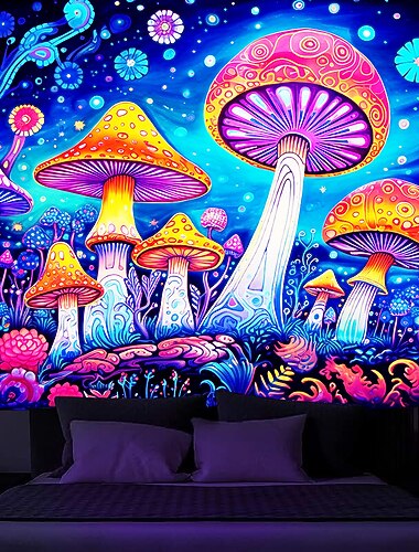  blacklight שטיח uv תגובתי זוהר בחושך פטריות טריפי ערפילי טבע נוף תלוי שטיח קיר אמנות קיר לחדר שינה בסלון