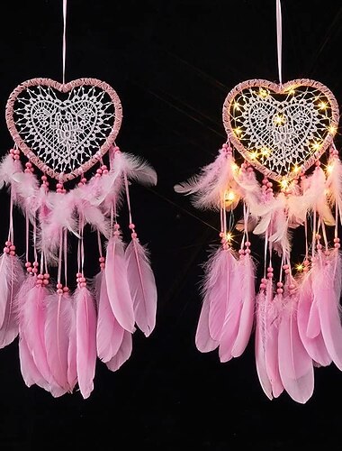  Hartvormige Dromenvangers Met LED Lichten Handgeweven Veerlichten Wand Romantische Decoratie voor Kerst Cadeaus voor jongens meisjes Kinderen Slaapkamer Decoratie
