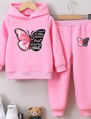  2-delig Kinderen Voor meisjes Grafisch Set met capuchon en joggingbroek reeks Lange mouw Actief School 7-13 jaar Lente Zwart Blozend Roze Paars