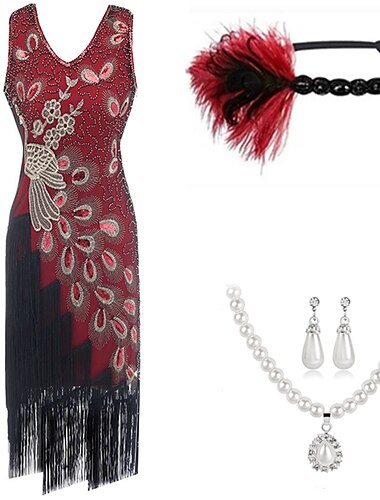  Retro Vintage Goldene Zwanziger 1920er Flapper Kleid Outfits Zubehörset Der große Gatsby Hochzeitsgast Pailletten Quastenfransen Pailletten Quaste V Ausschnitt Damen Halloween Karneval Maskerade