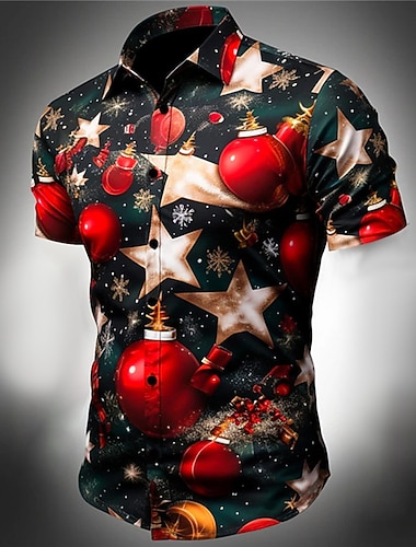  christmas santa claus tree bell casual herreskjorte daglig bruk gå ut helg høst / høst turndown korte ermer svart, hvit, rød s, m, l 4-veis stretch stoff skjorte