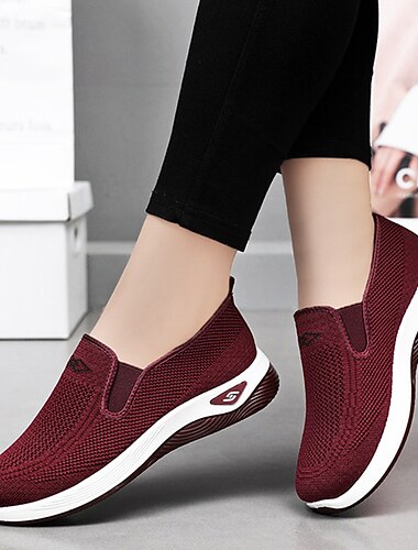 Femme Basket Chaussures de confort Extérieur Couleur unie Eté Talon Plat Bout rond Mode Sportif Décontractées Marche Tissage Volant Bande élastique Vin Noir Pourpre foncé