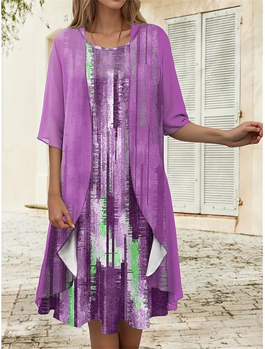  Kvinnes eksamenskjole midi kjole to-dels kjolesett uformell kjole chiffon kjole trykk kjole mote moderne trykk halv erme crew neck utendørs ferie rosa blå lilla vår løs passform