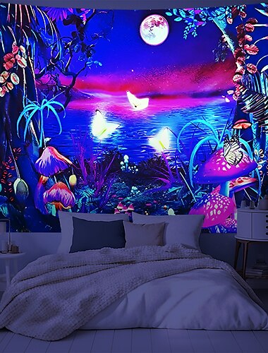  Schwarzlicht Wandteppich UV reaktiv im Dunkeln leuchtend Party Neon Chakra Meditation Psychedelisch Trippy Misty Hängeteppich Wandbild Wandbild für Wohnzimmer Schlafzimmer