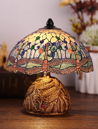  Lampada da tavolo a forma di libellula, lampada da tavolo in vetro colorato simulato con luce notturna artigianale in resina