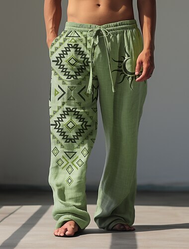  Bărbați Έθνικ Sunfire Pantaloni de in Pantaloni Pantaloni largi Talie medie Epocă În aer liber Purtare Zilnică Haine de strada Toamna iarna Negru Alb Verde