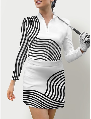  Femme T-shirt POLO Rose clair Noir Blanc manche longue Protection Solaire Top Rayure Automne Hiver Vêtements de golf pour femmes, tenues, vêtements