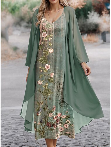  Damen Kleid-Set Freizeitkleid Chiffonkleid Schwingkleid Mode Streetwear Blumen Geometrisch Druck Langes Kleid Maxikleid Langarm V Ausschnitt Outdoor Büro Blau Schwarz Grün Frühling Normale Passform