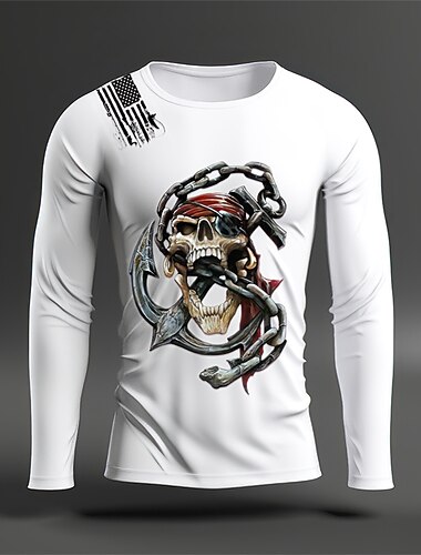  Herr Pirat Dödskalle T-shirt 100 % bomull Långärmad Grafisk Skjorta Vit Orange Bekväm t-shirt Utomhussport Helgdag Modedesignerkläder