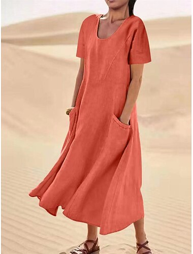  Per donna Abito Lungo Maxi Abito Finto cotone e lino Abito a Tubino Vestito Casual Abito Estivo Abito Maxi Essenziale Streetwear Data Vestibilità comoda Manica Corta Girocollo Nero Rosa Azzurro cielo