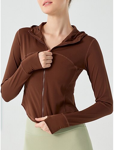  Women's Running Shirt Solid Color Yoga Fitness Full Zip Thumbhole Black Pink Brown Hooded High Elasticity Spring &  Fall