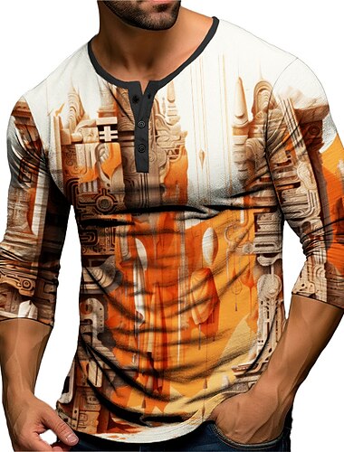  Voor heren Grafisch Gebouw Henley-shirt Lange mouw 3D-afdrukken Modieus Dagelijks Casual Casual Feestdagen Uitgaan Lente & Herfst Rood blauw Oranje Groen Henley Henley-T-shirt