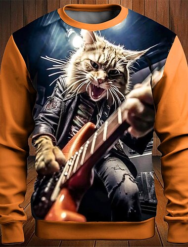  Festival de Música Hombre Bloque de color Gato Gracioso Sudaderas Sudadera con capucha Manga Larga Camisa de entrenamiento Cuello Barco Moda Diario Casual Impresión 3D Vacaciones Festivos Noche