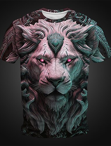  男性用 グラフィック 動物 ライオン Tシャツ 半袖 Tシャツ 3Dプリント クルーネック シャツ 日常 デザイナー レトリ／ヴィンテージ スポーツ・アウトドア 祝日 お出かけ ブルー レッド ローズレッド 春夏 衣類 S M L XL 2XL 3XL 4XL