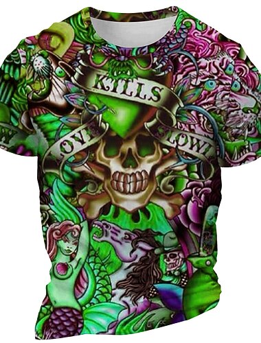  Voor heren Liefde Grafisch Skelet T-shirt Korte mouw T-shirt 3D-afdrukken Strakke ronde hals Overhemd Dagelijks Ontwerper Retro vintage Carnaval Buitensporten Feestdagen Geel blauw Paars Lente zomer