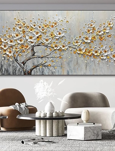 Handgefertigtes Ölgemälde auf Leinwand, Wandkunst, Dekoration, 3D-Palettenmesser, große weiße Blume für Heimdekoration, gerolltes, rahmenloses, ungedehntes Gemälde