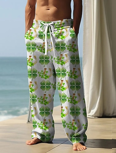  St. Patrick's Day vierblättriges Kleeblatt lässig st. Patrick's Day Herrenhose mit 3D-Druck, Hose, Outdoor, Straße, Ausgehen, Polyester, Blau, Lila, Orange, S, M, L, mittlere Taille, Elastizität