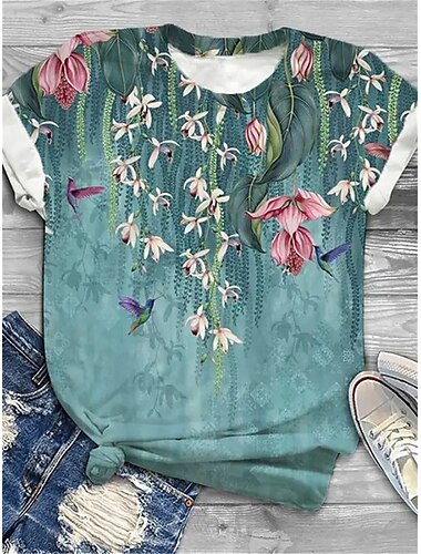  Damen T-Shirt modischer Blumendruck Kurzarm normale Oberteile Rundhalsausschnitt Urlaub Wochenende gelb rosa blau lila grün Frühling&amp; Sommer