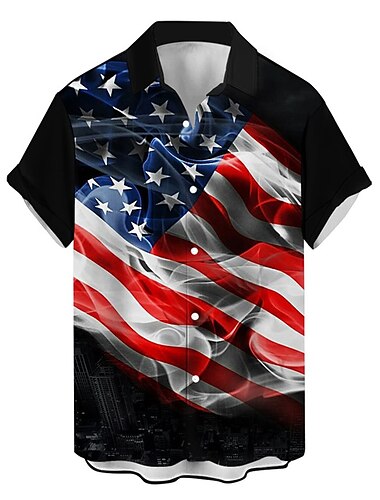  Herren Amerikanische US-Flagge Hemd Westernhemd Knopfhemd Kurzarm Brautkleider schlicht Freizeitskleidung Ausgehen Wochenende Herbst Umlegekragen Bedruckt Button-Down Schwarz Rote Blau