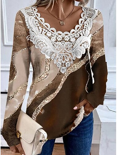  Damen Tunika Bluse Fashion Floral Spitze Patchwork Druck Langarm Reguläre Oberteile Rundhals Casual Rosa Braun Grün Frühling  Herbst