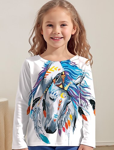  Mädchen 3D Pferd T-Shirt Hemd Langarm 3D-Druck Frühling Herbst Aktiv Modisch Kuschelig Polyester kinderkleidung 3-12 Jahre Rundhalsausschnitt Outdoor Casual Täglich Regular Fit