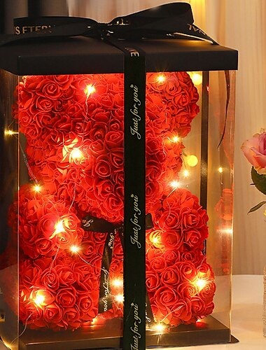  زهور إسفنجية صناعية على شكل دب الورد مع ضوء LED وصندوق هدايا بلاستيكي - هدية رومانسية مثالية لعيد الحب، وعيد الأم، والذكرى السنوية، وحفلات الزفاف، وأعياد الميلاد، وعيد الشكر، وعيد الميلاد 25 سم/10 بوصة