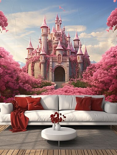  Rosa Schloss hängende Wandteppich-Wandkunst, großer Wandteppich, Wanddekoration, Fotografie, Hintergrund, Decke, Vorhang, Zuhause, Schlafzimmer, Wohnzimmer, Dekoration Wandtuch XXL Natur