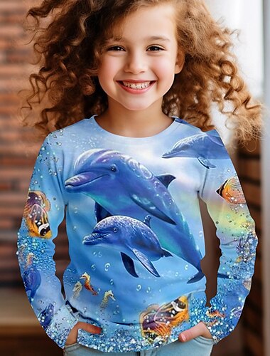  3D-Delfin-T-Shirt für Mädchen, langärmlig, 3D-Druck, Frühling, Herbst, aktiv, modisch, niedlich, Polyester, Kinder, 3–12 Jahre, Rundhalsausschnitt, Outdoor, lässig, täglich, normale Passform