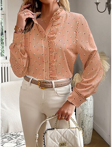  Damen Bluse Designer Hemd neutral Streetwear romantisch gestreift Rüschen Knöpfe Langarm normale Oberteile Hemdkragen Arbeit Ausgehen schwarz weiß rot blau Frühling Herbst&amp; Winter