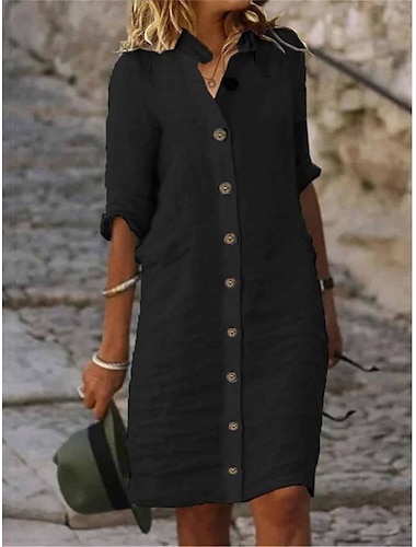  Damen Schwarz Weiß Gelb Sommer Frühling Minikleid Leinen-inspirierte Kleider schwarzes kleid Hemdblusenkleid Basic Modern Täglich Wochenende Lässiger Schnitt Einfach Hemdkragen