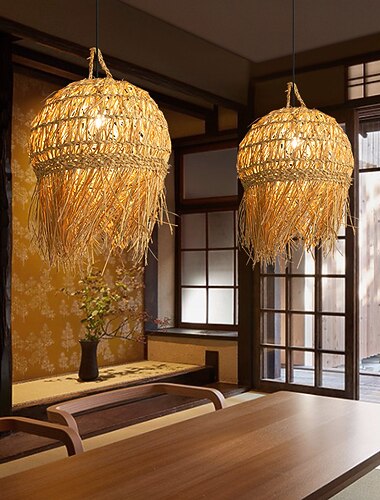  Luminária pendente de vime de palha de fazenda romântica rústica luminárias suspensas de vime tecido abajur lustre personalizado cesta antiga luminárias para quarto varanda varanda