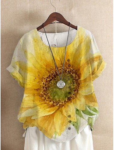  T-shirt Femme Tournesol Mode Lin Comme À Manches Courtes Col Ronde Tops Réguliers Vacances Week-end Boutons Imprimé Jaune Été