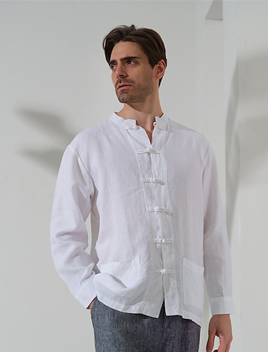  100% linnen Zak Voor heren Overhemd linnen overhemd Zwart Wit Marineblauw Lange mouw Effen Opstaande boord Lente & Herfst Buiten Dagelijks Kleding