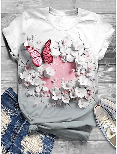  Damen T-Shirt, modisch, lustiger Aufdruck, kurzärmlig, normale Oberteile, Rundhalsausschnitt, für den Alltag, Wochenende, weiß, rosa, blau, lila, beige, Frühling&amp; Sommer