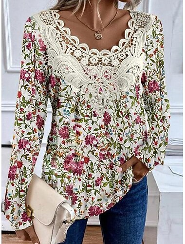  Blusa Feminina Tunica Renda Splicing Gola em V Manga Longa Impressão de Renda Floral Tops Regulares Casuais de Férias Preta Branca Amarela Rosa Vermelha Primavera e Outono Pré-outono