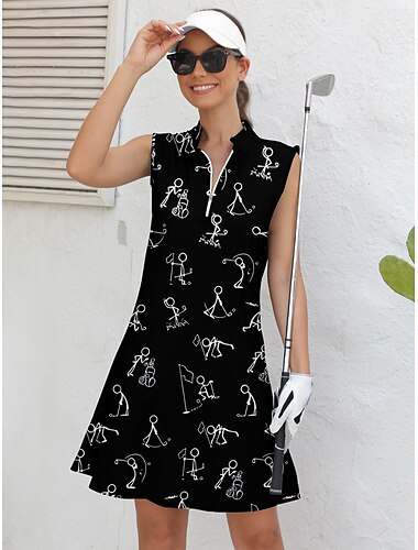  Damen Golfkleid Schwarz Weiß Ärmellos Karikatur Damen-Golfkleidung, Kleidung, Outfits, Kleidung