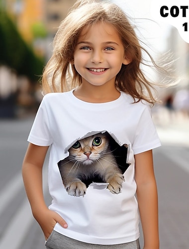  Mädchen 3D Katze T-Shirt Hemden Kurzarm 3D-Druck Sommer Aktiv Modisch Kuschelig 100% Baumwolle kinderkleidung 3-12 Jahre Rundhalsausschnitt Outdoor Casual Täglich Regular Fit