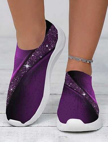  Zapatillas de deporte de moda sin cordones Flyknit con estampado morado para mujer: calzado informal ligero y transpirable para caminar y comodidad diaria