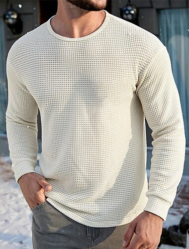  Per uomo Maglietta Waffle Maglietta Maglietta a Maglia Waffle Camicia a Maniche Lunghe Manica Lunga Girocollo Primavera & Autunno Semplice Moda Designer Essenziale Tasca Frontale Vacanza Streetwear