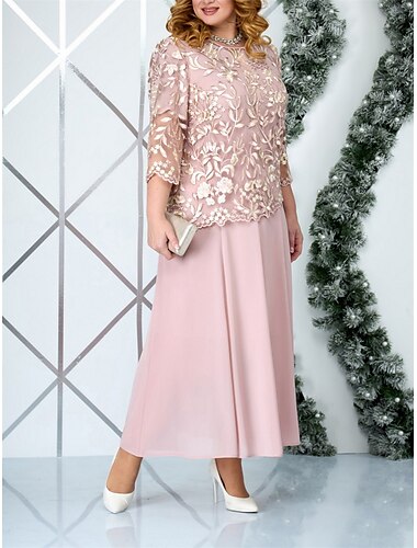  Damen Übergröße Kurve abendkleider Winter Kleid Spitzenkleid Feste Farbe kleid lang 3/4 Ärmel Spitze Rüschen Rundhalsausschnitt Elegant Party Rosa Blau Sommer Frühling L XL 2XL 3XL 4XL