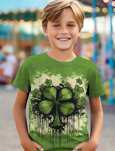  São Patrício Para Meninos 3D Cachorro Trevo de Quatro Folhas Camiseta Camisa Manga Curta Impressão 3D Verão Ativo Esportes Moda Poliéster Infantil 3-12 anos Gola Redonda Ao ar livre Casual Diário