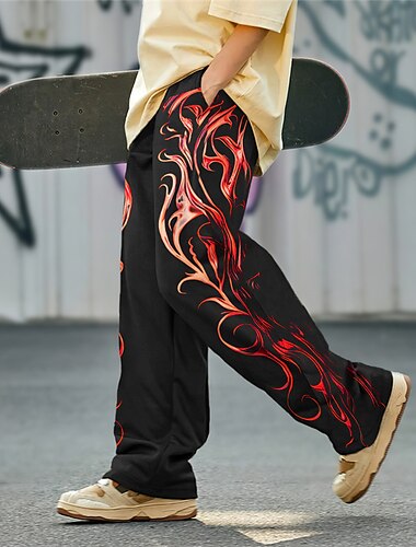  Flame Abstract Herrenhose mit 3D-Druck, Outdoor-Straße, Ausgehen, Polyester, Gelb, Rot, Blau, S, M, L, mittlere Taille, elastische Hose