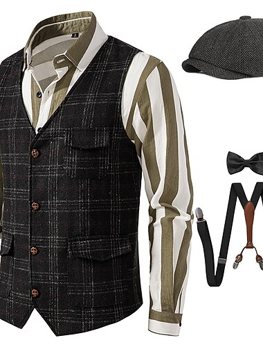 Set mit Weste, Weste, Baskenmütze, Hut, Fliege, Y-Rücken, Hosenträger, Herren-Retro, Vintage, brüllende 20er- und 1920er-Jahre-Outfits, The Great Gatsby, Gangster, Gentleman, Cosplay-Kostüm,