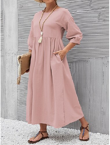  Damen Schwarz Weiß Hellgrün Sommer Frühling Midikleid Leinen-inspirierte Kleider Smock-Kleid solide Basic Lässig Urlaub Geschenk Ferien Lässiger Schnitt Rundhalsausschnitt